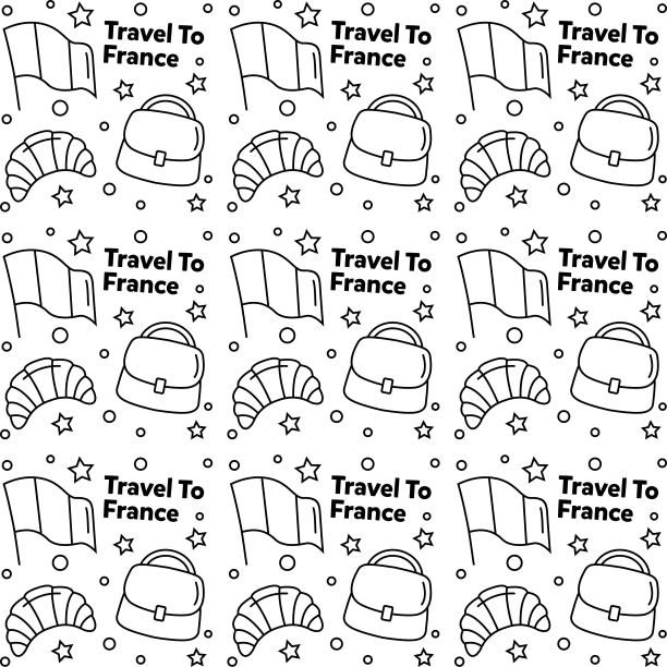 法国旅行涂鸦无缝图案矢量设计。葡萄酒、公鸡、奶酪是法国的标志图片下载