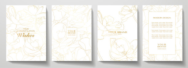 浪漫的春天封面和框架页设计集。金色郁金香花束与线条图案上的白色图片下载