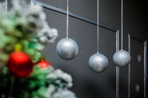 圣诞和新年照相馆，圣诞树，花环，灰色墙上的球(2)。图片下载