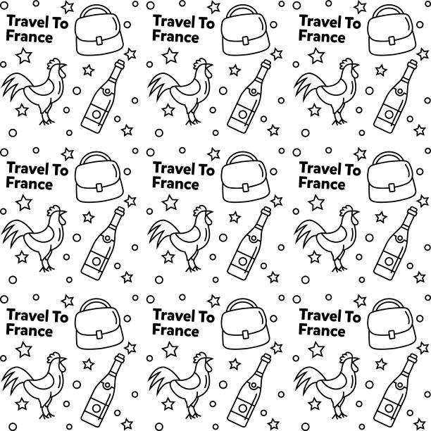 法国旅行涂鸦无缝图案矢量设计。葡萄酒、公鸡、奶酪是法国的标志图片下载
