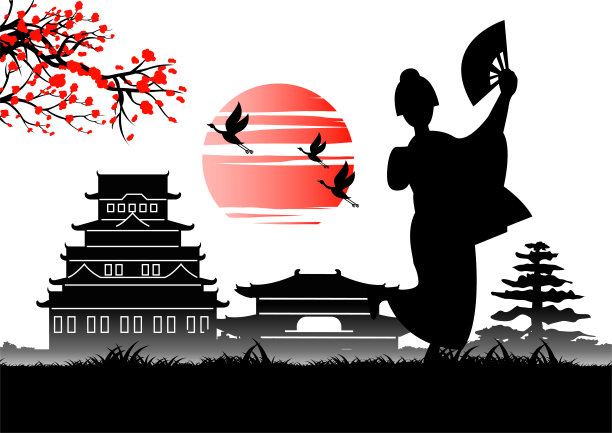 日本艺术与古代设计的和服少女站在皇帝的城堡附近图片下载