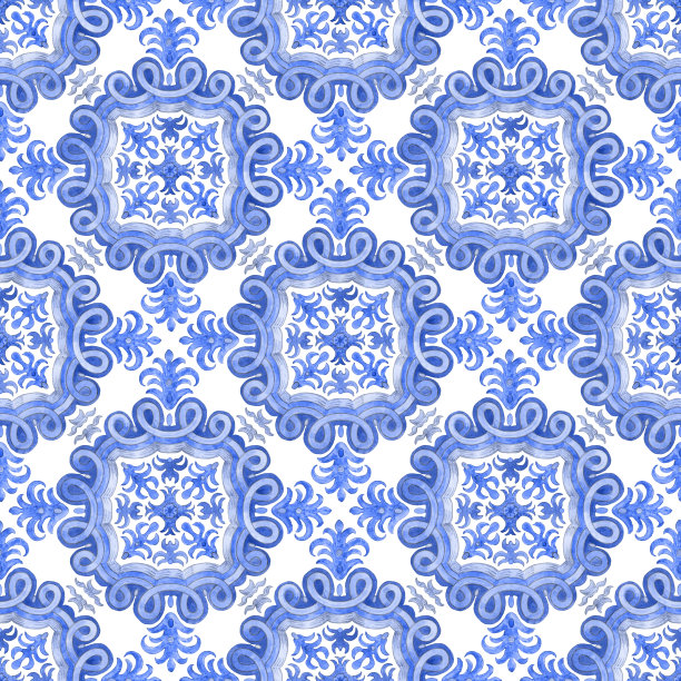 无缝的水彩画蓝色马赛克瓷砖图案，在白色的背景上画上地中海风格的花饰图片下载