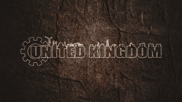 齿轮与能源和动力工业图标和英国国家名称。图片下载