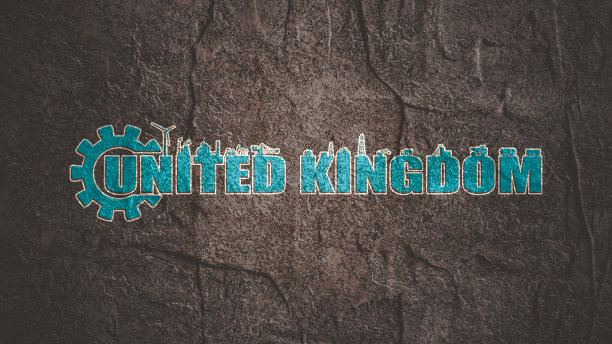 齿轮与能源和动力工业图标和英国国家名称。图片下载