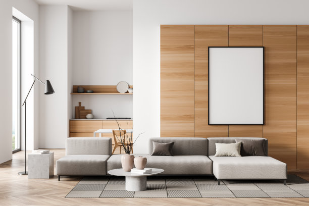 灯光厨房设置室内与沙发和电器的背景，模型海报图片下载