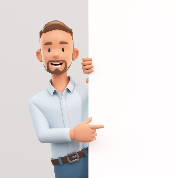 卡通人物指着空白的展示或信息板，微笑的商人拿着广告牌，3d渲染图片下载