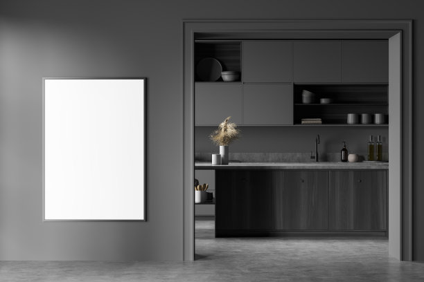 灰色厨房内部与电器和混凝土地板，模拟海报图片下载
