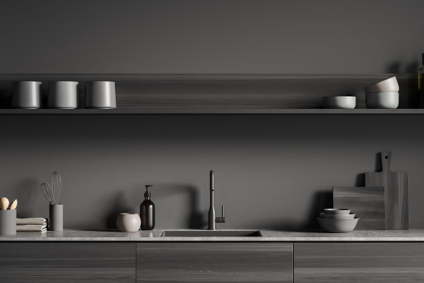 黑暗的厨房设置内部与水槽和甲板与盘子和电器图片下载