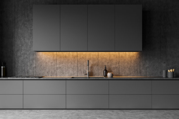 近距离观看黑暗的厨房室内与橱柜图片下载