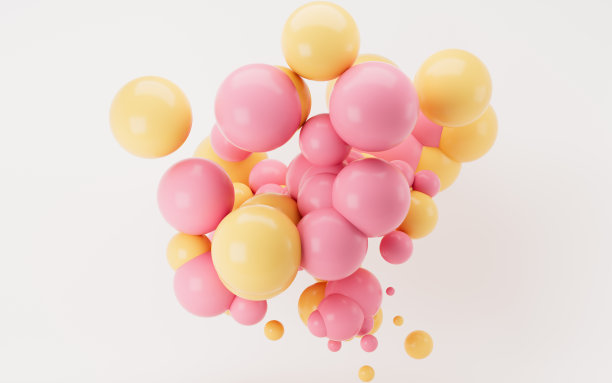 粉红色和黄色抽象球体与白色背景，3d渲染。图片下载