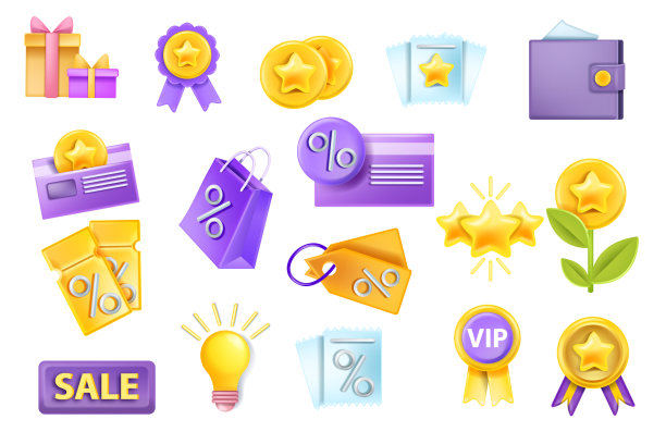3D销售矢量图标集，折扣优惠券凭证，银行卡，钱包，忠诚计划奖励币。图片下载