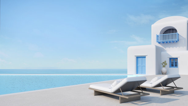 圣托里尼风格的泳池别墅。有海景游泳池和甲板日光浴床。三维渲染图片下载