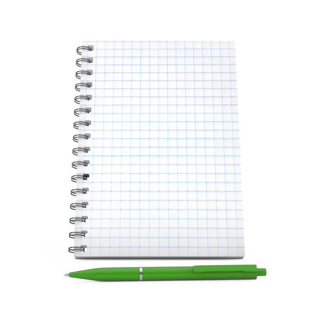 空白方格纸和绿色钢笔的记事本。3d渲染图片下载