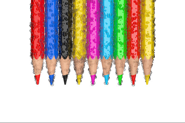 彩色铅笔在水中与许多气泡。3d渲染图片下载