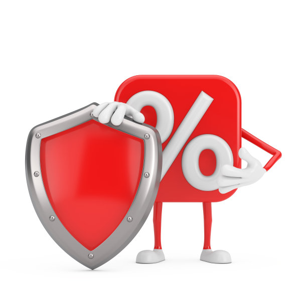 销售或折扣百分比签名人角色吉祥物与红色金属防护盾。3d渲染图片下载