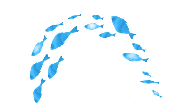 白色的鱼群的剪影。水彩图片下载