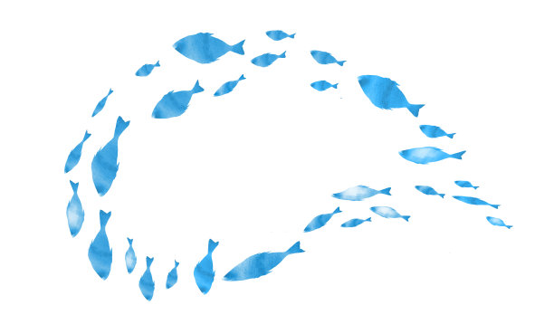 白色的鱼群的剪影。水彩图片下载