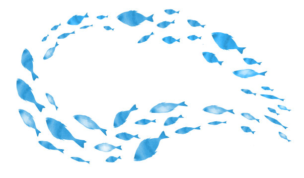 白色的鱼群的剪影。水彩图片下载