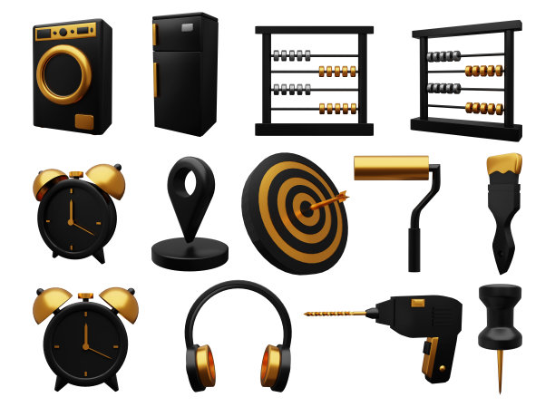 收集黑色和金色的3d插图洗衣机，冰箱，算盘，图钉，时钟，位置，镖板，滚刷，油漆刷，耳机，钻，图钉图片下载
