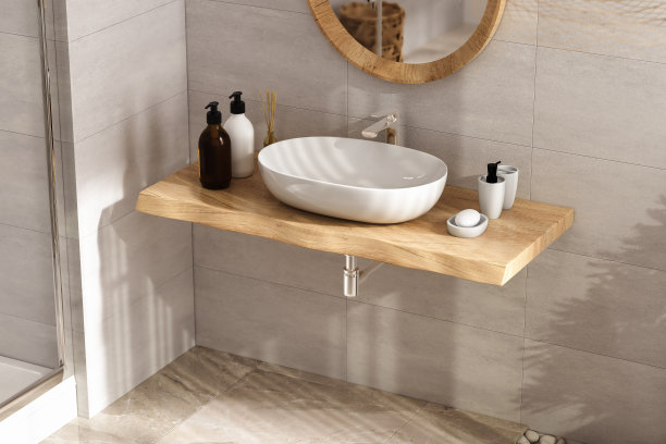 木制架子上的白色水槽。图片下载