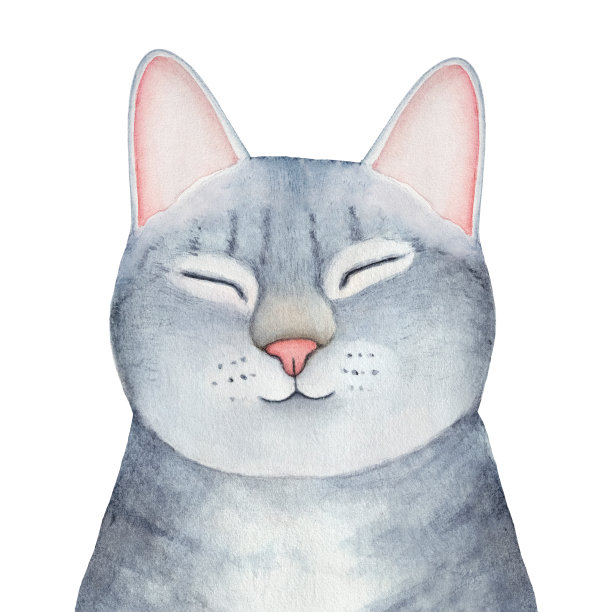 可爱的小虎斑猫性格与快乐满足的脸水彩插图。图片下载