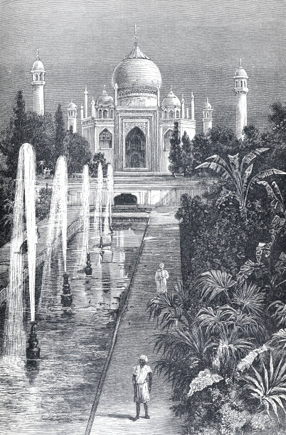 泰姬陵。在印度建造泰姬陵。手绘雕刻插图。旧档案文化。亚洲的文化。图片下载
