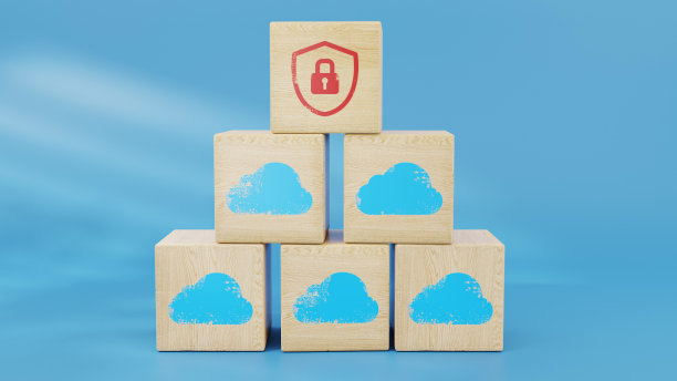 3D渲染木块云安全和网络金字塔图片下载