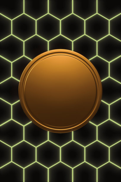 一枚硬币在一个六边形多色网瓦图案-几何背景股票照片图片下载