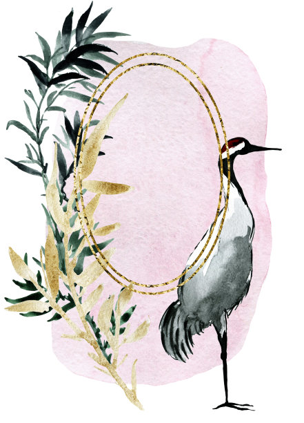 镶金框的亚洲鸟和植物。花鸟植物设计，海报明信片，东方文化的艺术表达。图片下载