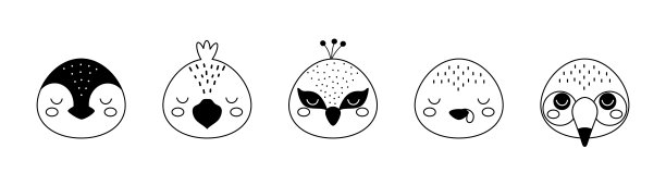 斯堪的纳维亚风格的卡通动物脸集合。可爱的动物给孩子们穿t恤、衣服、托儿所装饰、贺卡。黑白企鹅，乌鸦，孔雀，火鸡，巨嘴鸟。图片下载