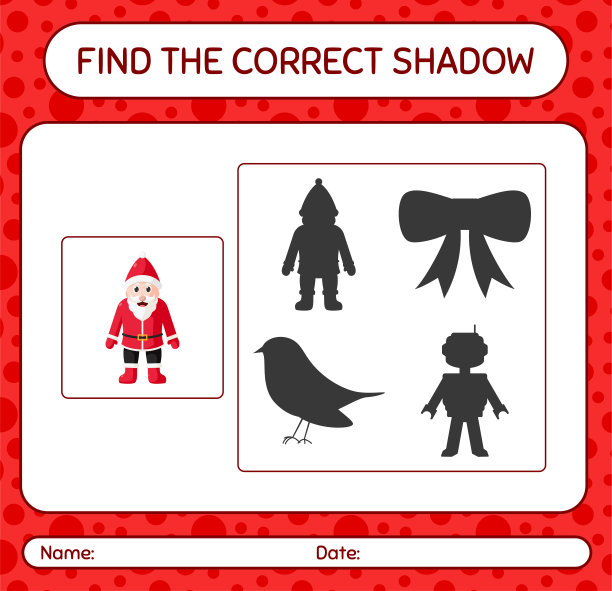 找到正确的影子游戏与圣诞老人。学龄前儿童作业纸，儿童活动纸图片下载