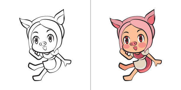 可爱的猪女孩卡通着色页插图图片下载