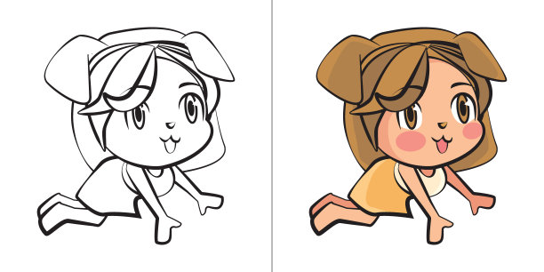 可爱的狗女孩卡通着色页插图图片下载