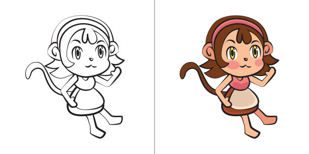 可爱的猴子女孩卡通着色页插图图片下载