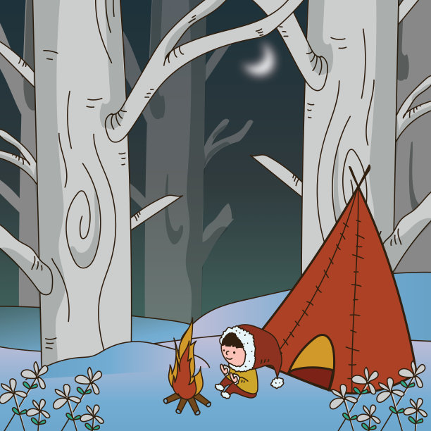 冬季夜晚，男人独自在森林露营取暖扁平矢量插画背景图片下载