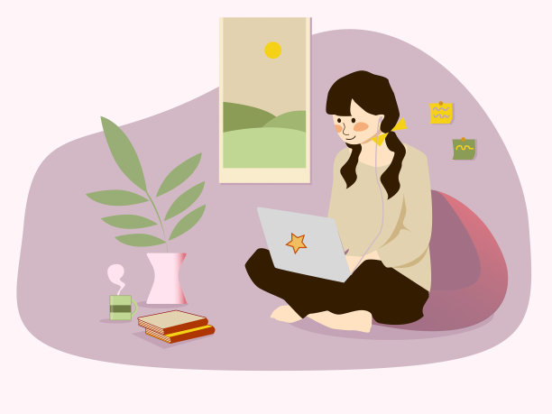 女孩，女人，女性角色在家里自学与笔记本电脑平面矢量插图背景图片下载