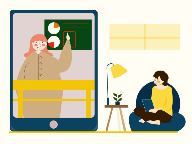 女孩，女人，女性角色在家里自学与笔记本电脑平面矢量插图背景图片下载