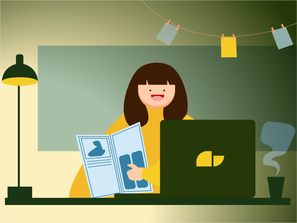 女孩，女人，女性角色在家里自学与笔记本电脑平面矢量插图背景图片下载