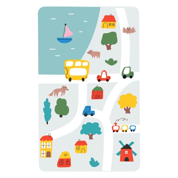 有汽车和动物的小镇地图。图片下载