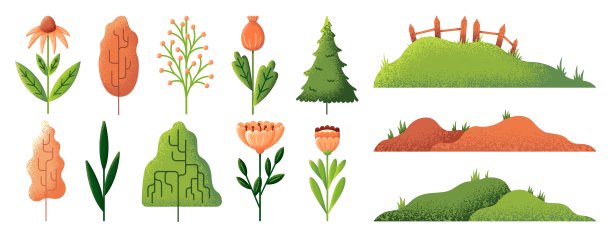 平装饰花。纹理景观元素，花束，草本植物和野花。有木栅栏的青山。夏天时髦的树和植物向量集图片下载