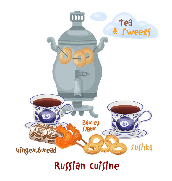 传统的俄罗斯菜。在俄罗斯喝茶。矢量图图片下载