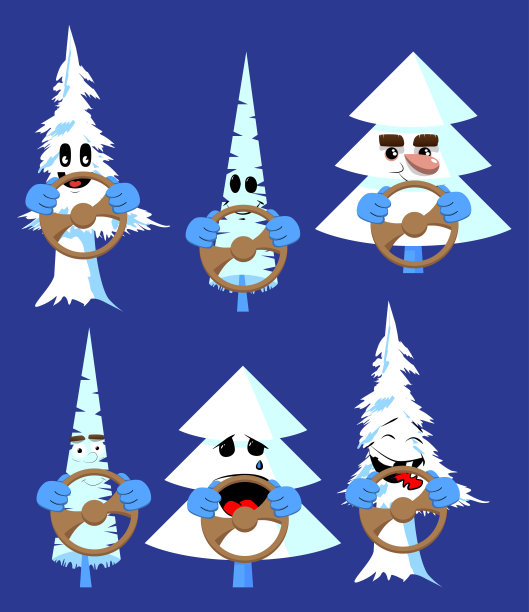 卡通的冬天松树脸驾驶，握着方向盘。图片下载