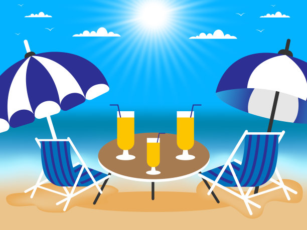 沙滩椅和伞在星期天的海滩图片下载