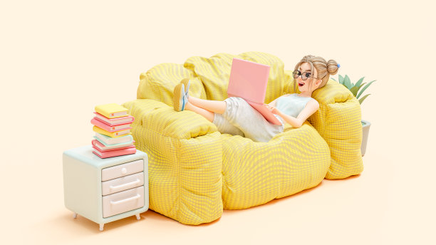 快乐的年轻女子躺在黄色的沙发上。喜欢学习和研究计算机信息。粉红色的笔记本电脑放在膝盖上。卡通人物，3d渲染图片下载