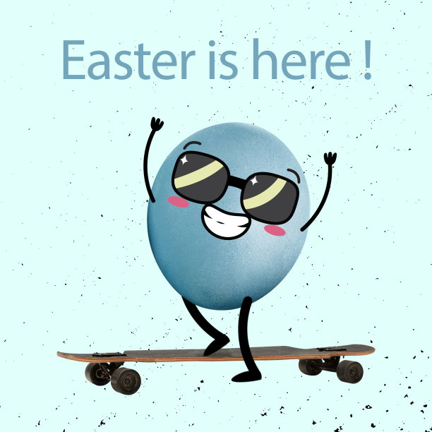 时尚的人。在卡通风格的滑板上画有趣可爱的鸡蛋。复活节传统快乐，心情舒畅。节日概念，春天，庆祝，家庭时光，孩子，销售图片下载