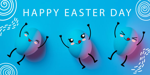 画有趣可爱的鸡蛋卡通风格。贺卡的设计。复活节传统快乐，心情舒畅。节日的概念，春天，庆祝，食物和糖果，家庭时间，孩子图片下载