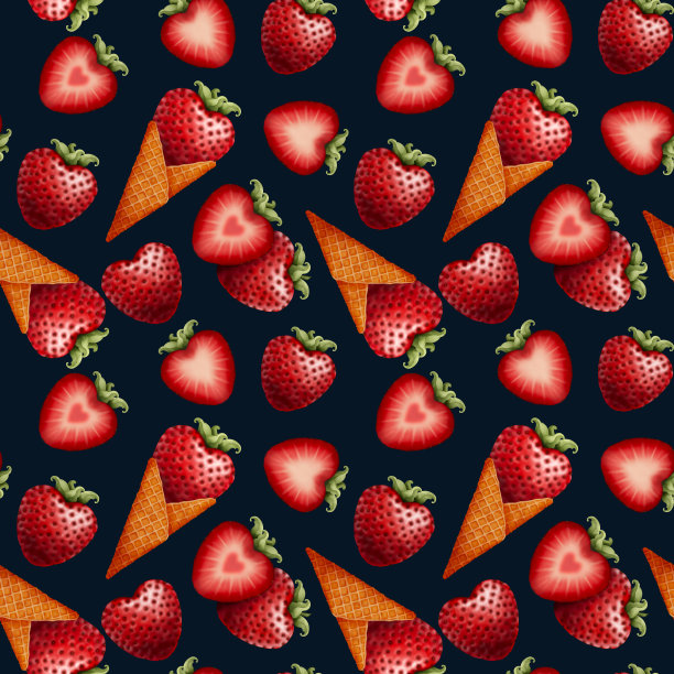 草莓心型，冰淇淋蛋筒水彩无缝图案。情人节，爱情，甜点的概念图片下载