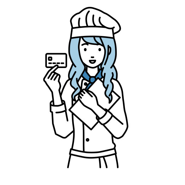 一个女厨师拿着一张信用卡和一个文件笔记本电脑图片下载