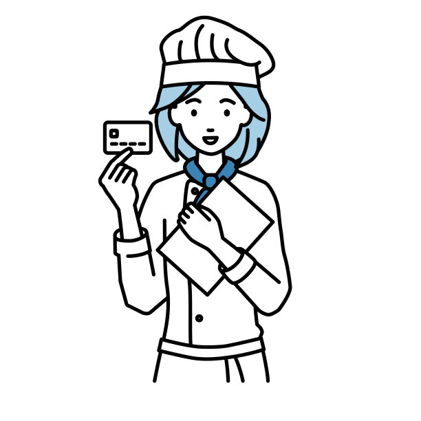 一个女厨师拿着一张信用卡和一个文件笔记本电脑图片下载