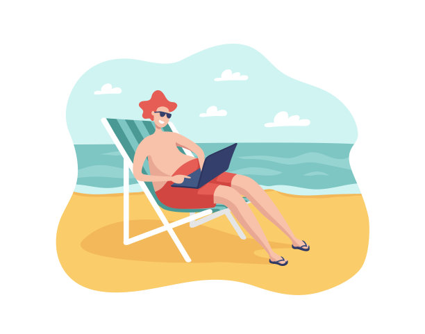 自由职业者远程工作在笔记本电脑从海上度假。一个男人坐在海边的日光浴床上。图片下载